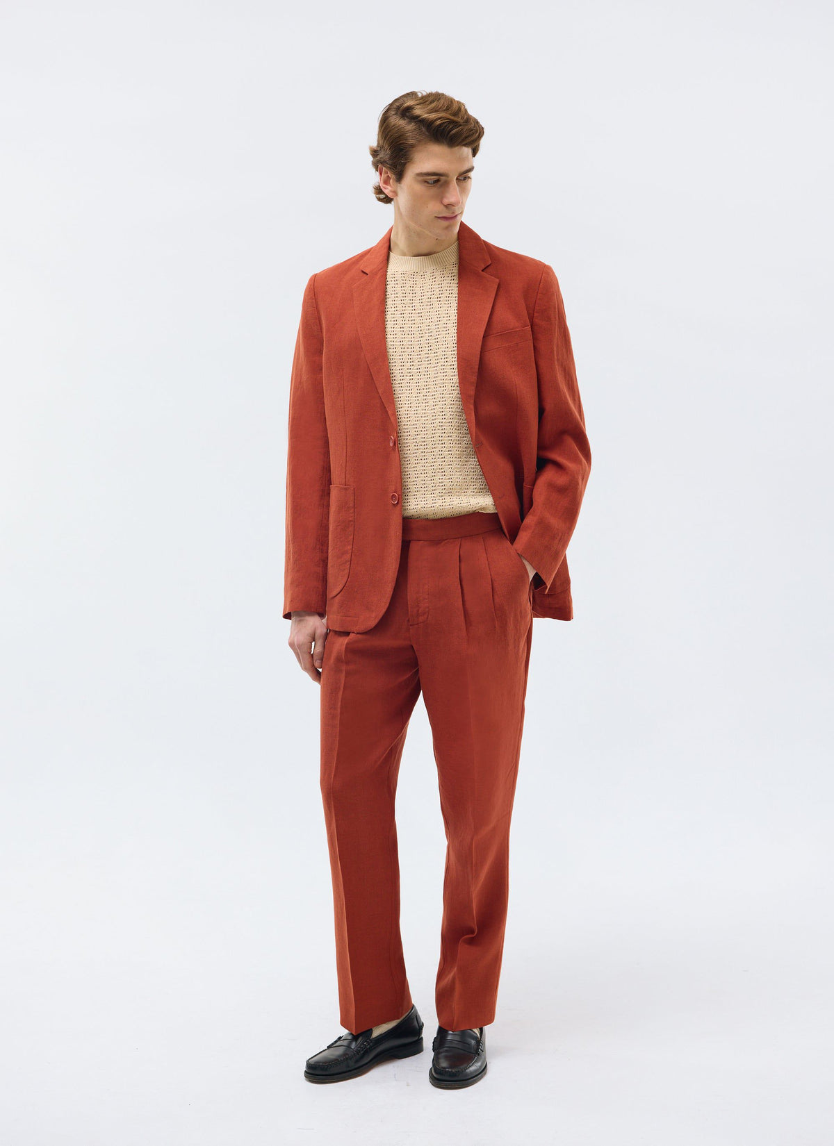 Men's Pleated Trousers - Tailored Linen Suits - Rust Red