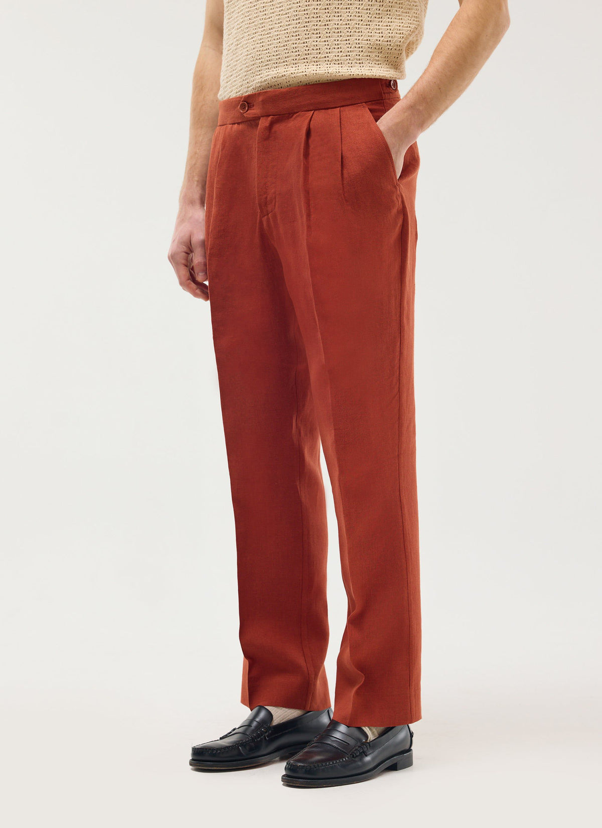 Men's Pleated Trousers - Tailored Linen Suits - Rust Red