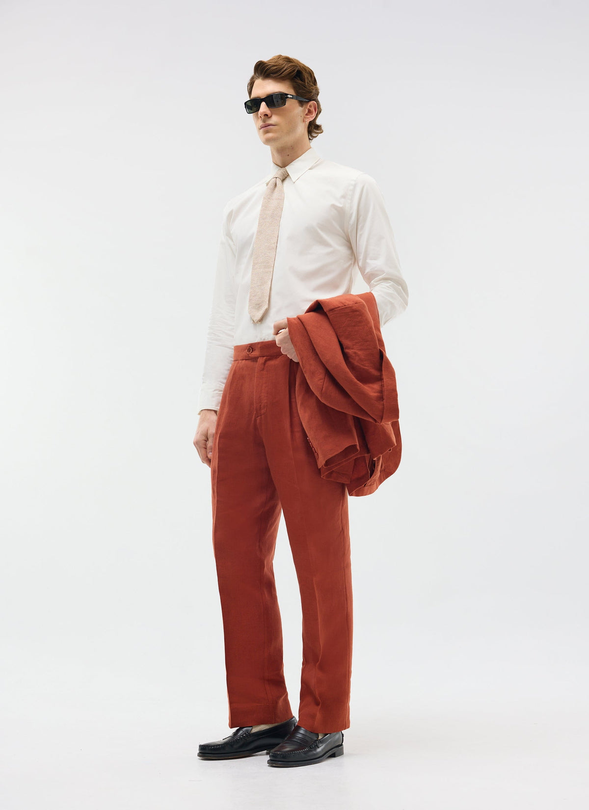 Men's Pleated Trousers - Tailored Linen Suits - Rust Red