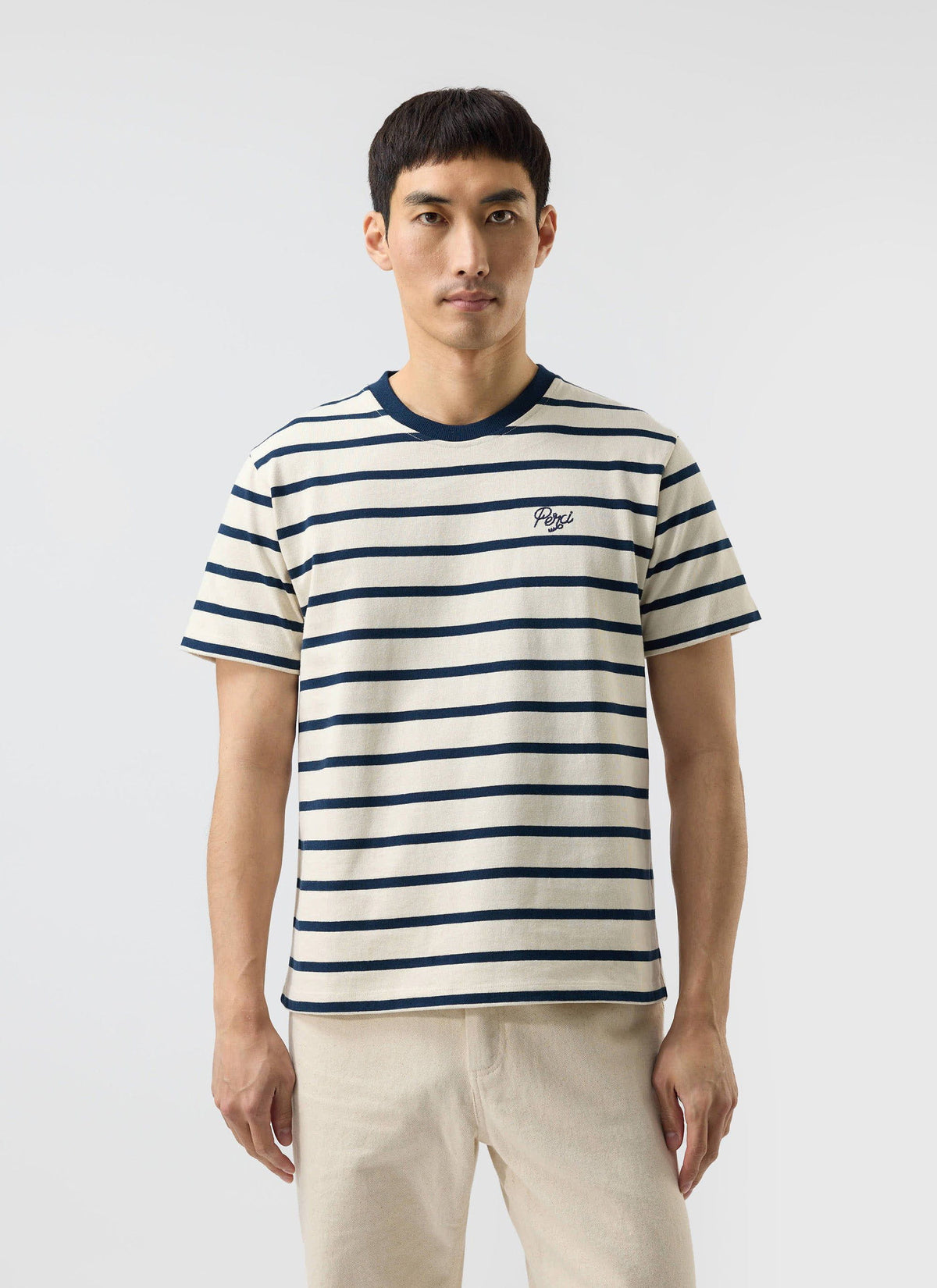 Men's Striped T Shirt: Breton - Cotton - Cream with Navy