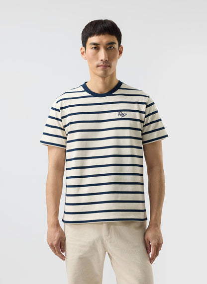 Men's Striped T Shirt: Breton - Cotton - Cream with Navy