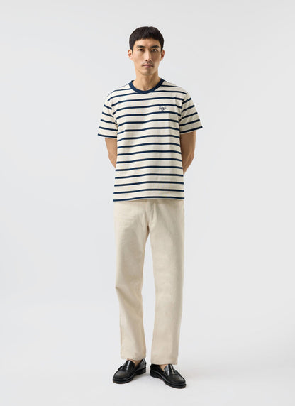 Men's Striped T Shirt: Breton - Cotton - Cream with Navy