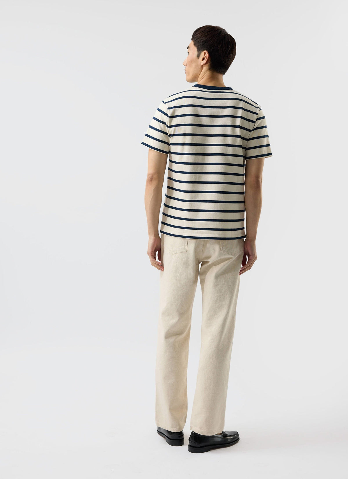 Men's Striped T Shirt: Breton - Cotton - Cream with Navy