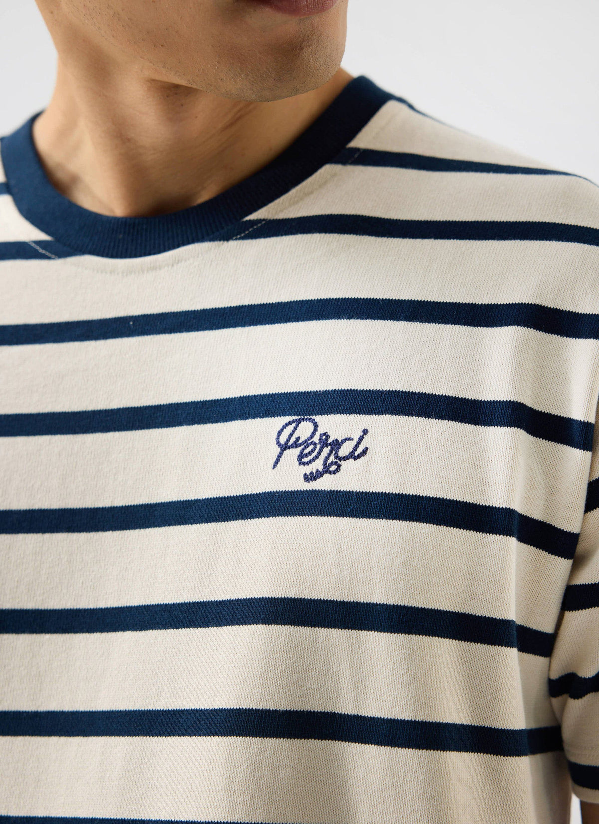 Men's Striped T Shirt: Breton - Cotton - Cream with Navy