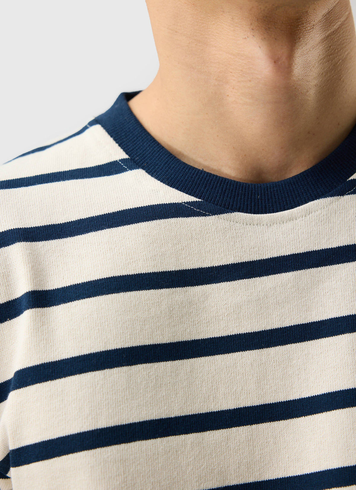 Men's Striped T Shirt: Breton - Cotton - Cream with Navy