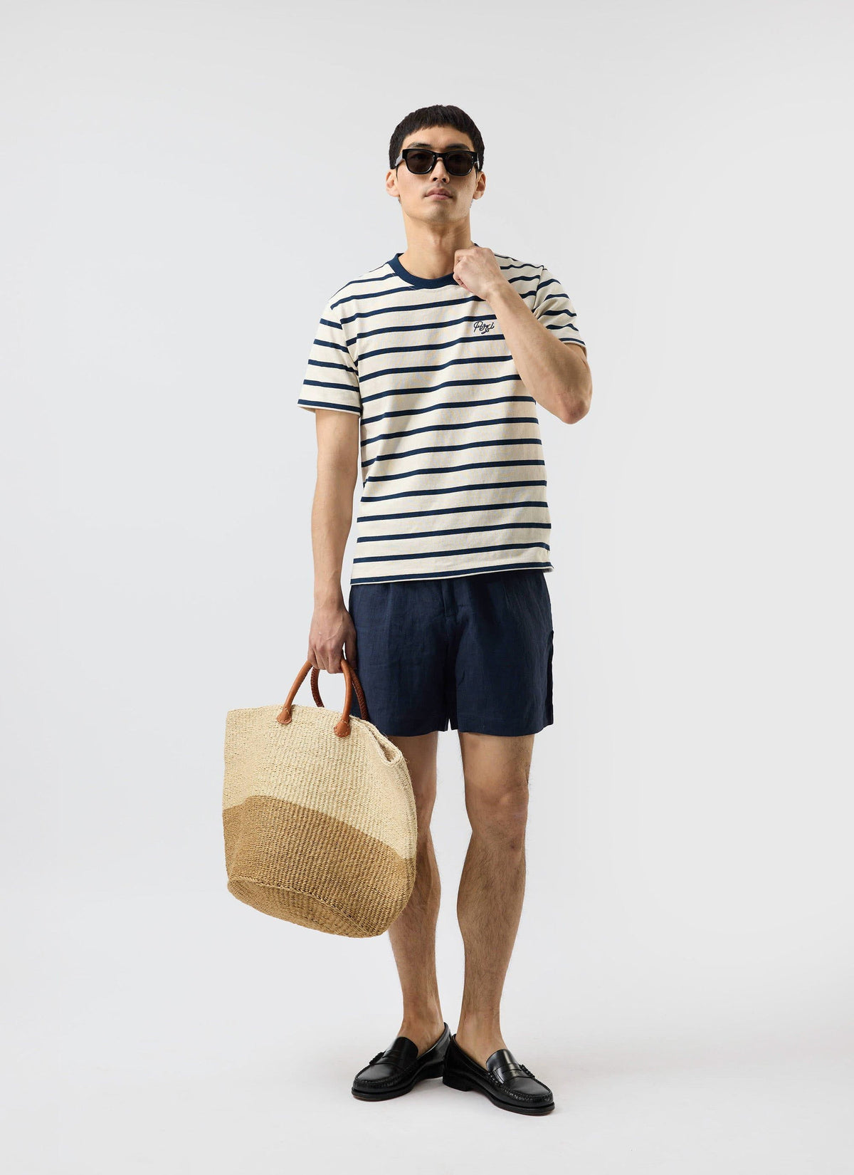 Men's Striped T Shirt: Breton - Cotton - Cream with Navy