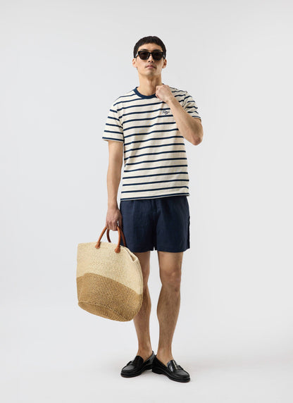 Men's Striped T Shirt: Breton - Cotton - Cream with Navy