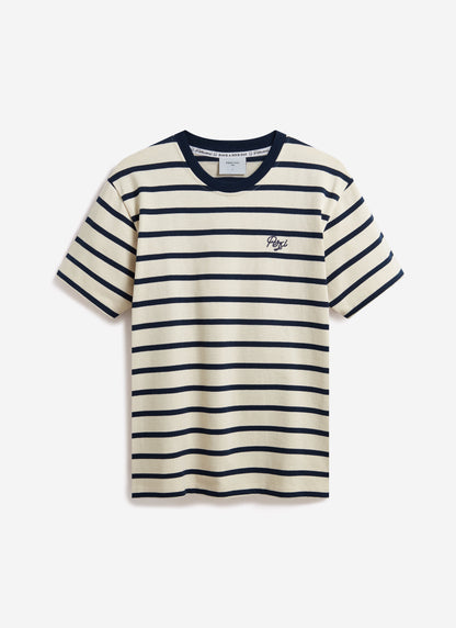 Men's Striped T Shirt: Breton - Cotton - Cream with Navy