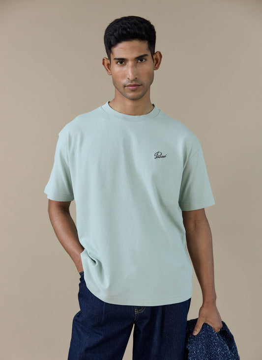 Men's T Shirt - Perci Script - Embroidered Organic Cotton - Sage