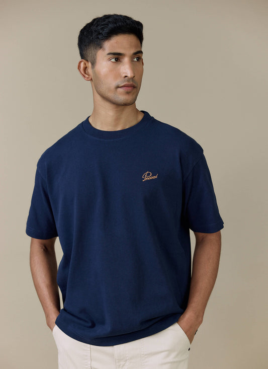 Men's T Shirt - Perci Script - Embroidered Organic Cotton - Navy