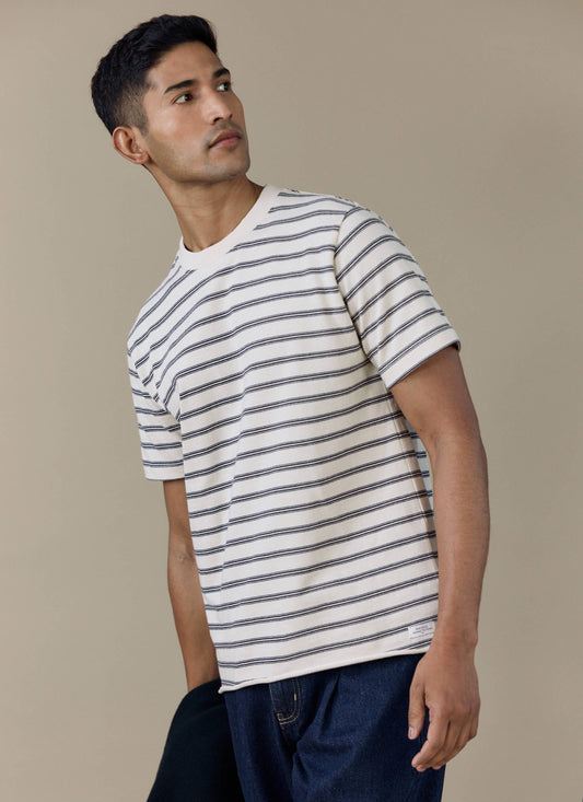 Men's Breton T Shirt - Arlo Raw Hem - Organic Cotton - White Stripe