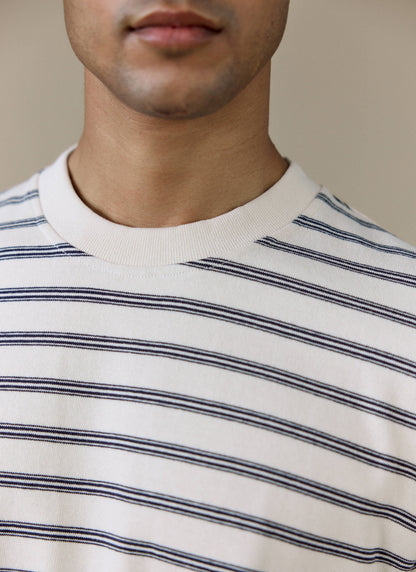 Men's Breton T Shirt - Arlo Raw Hem - Organic Cotton - White Stripe