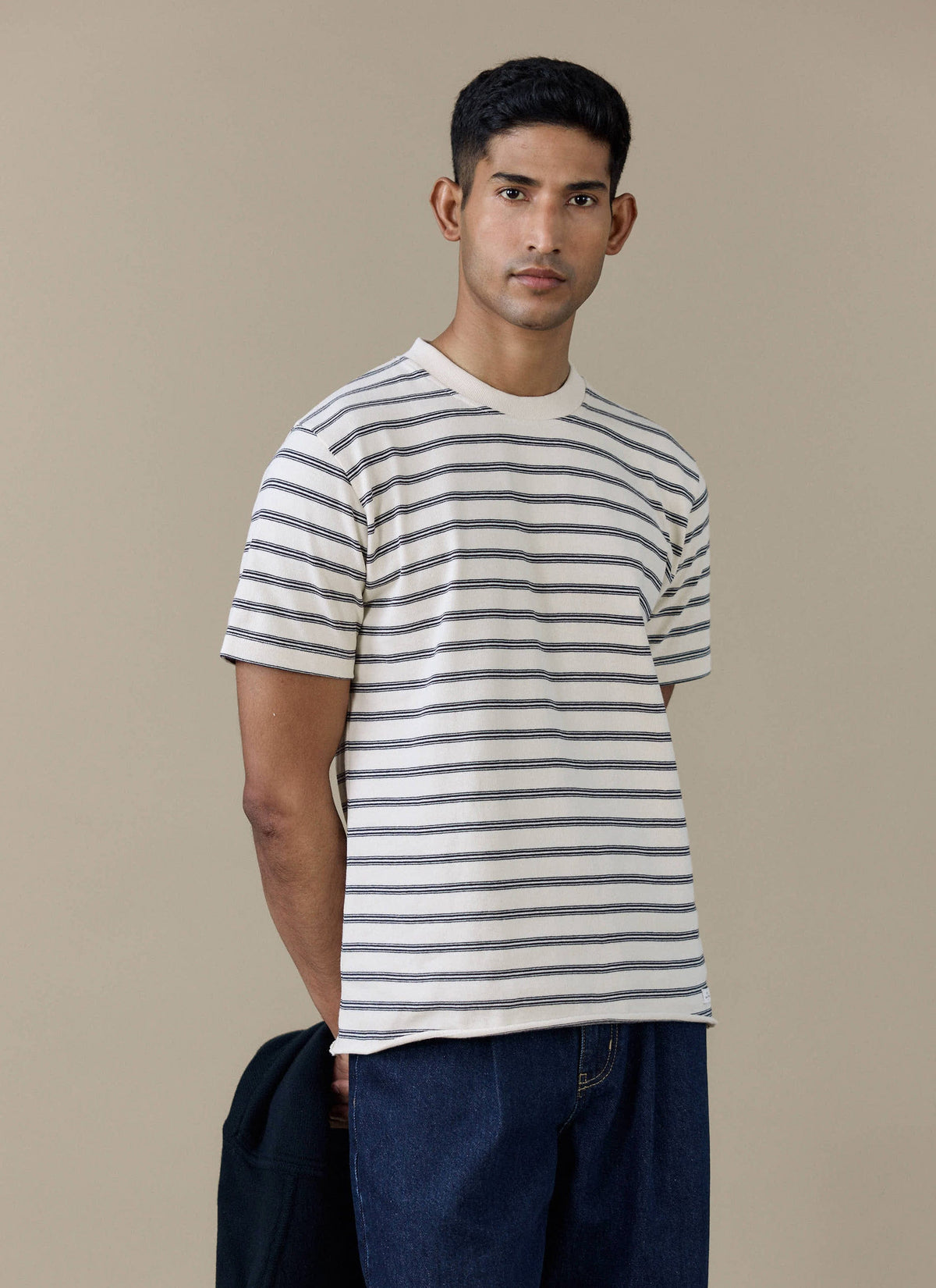 Men's Breton T Shirt - Arlo Raw Hem - Organic Cotton - White Stripe