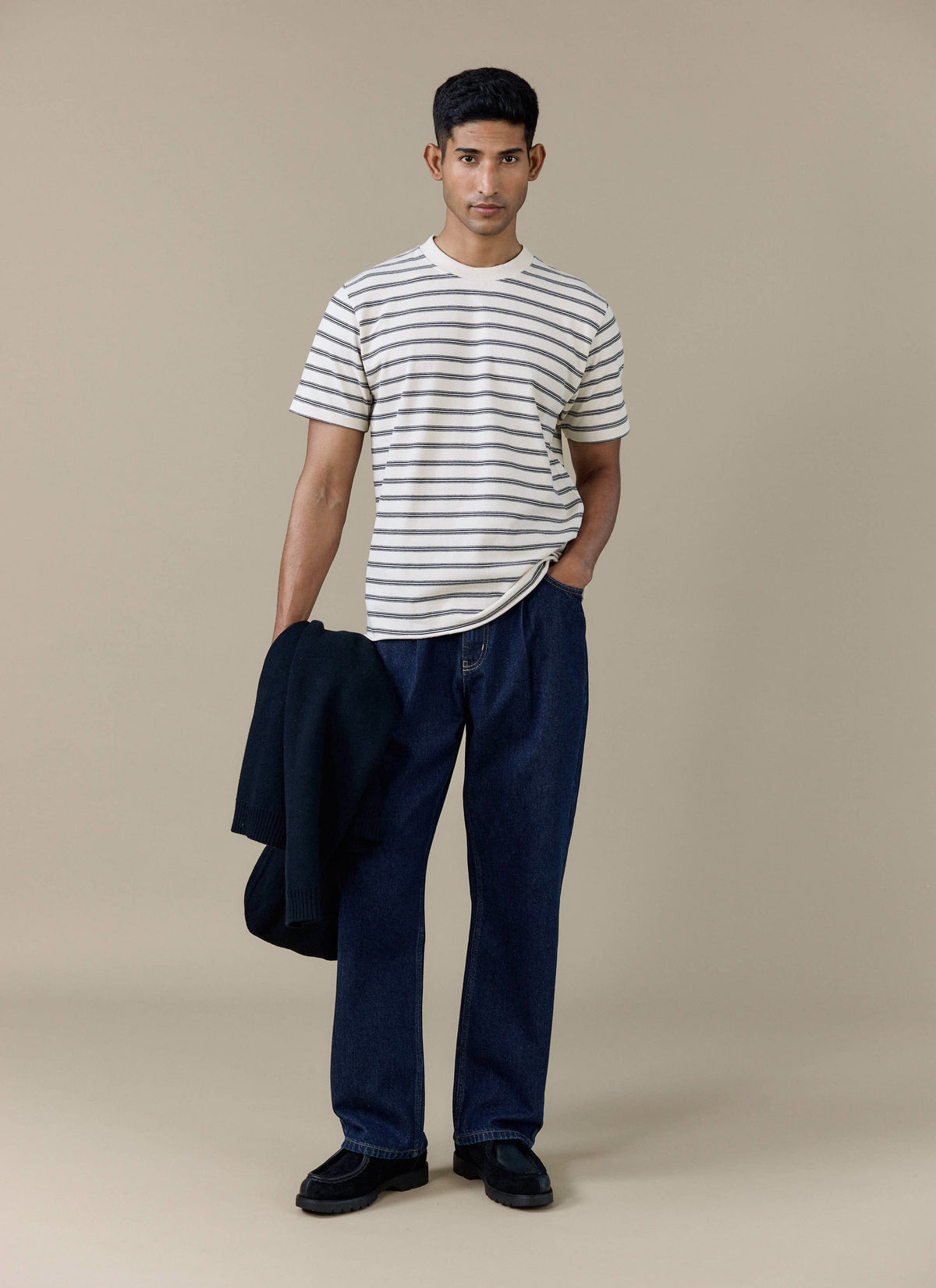 Men's Breton T Shirt - Arlo Raw Hem - Organic Cotton - White Stripe