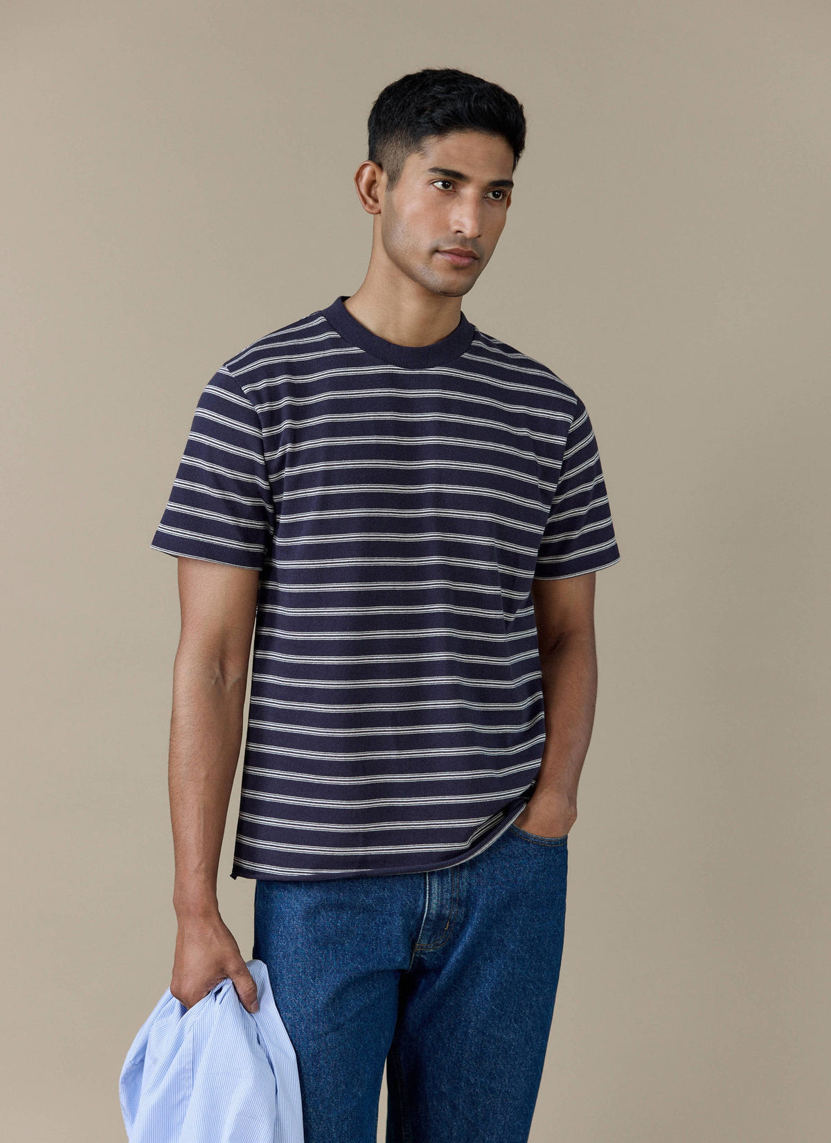 Men's Breton T Shirt - Arlo Raw Hem - Cotton - White Stripe