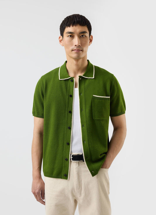 Men's Knitted Shirt: Contrast Trim - Wool - Forest Green