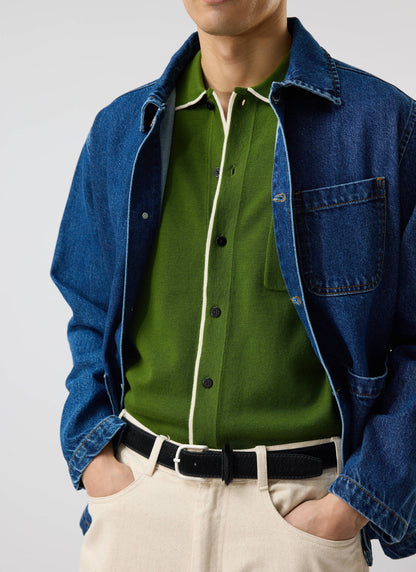 Men's Knitted Shirt: Contrast Trim - Wool - Forest Green