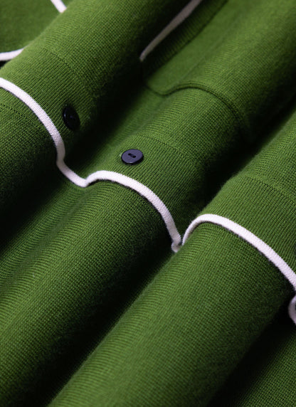 Men's Knitted Shirt: Contrast Trim - Wool - Forest Green