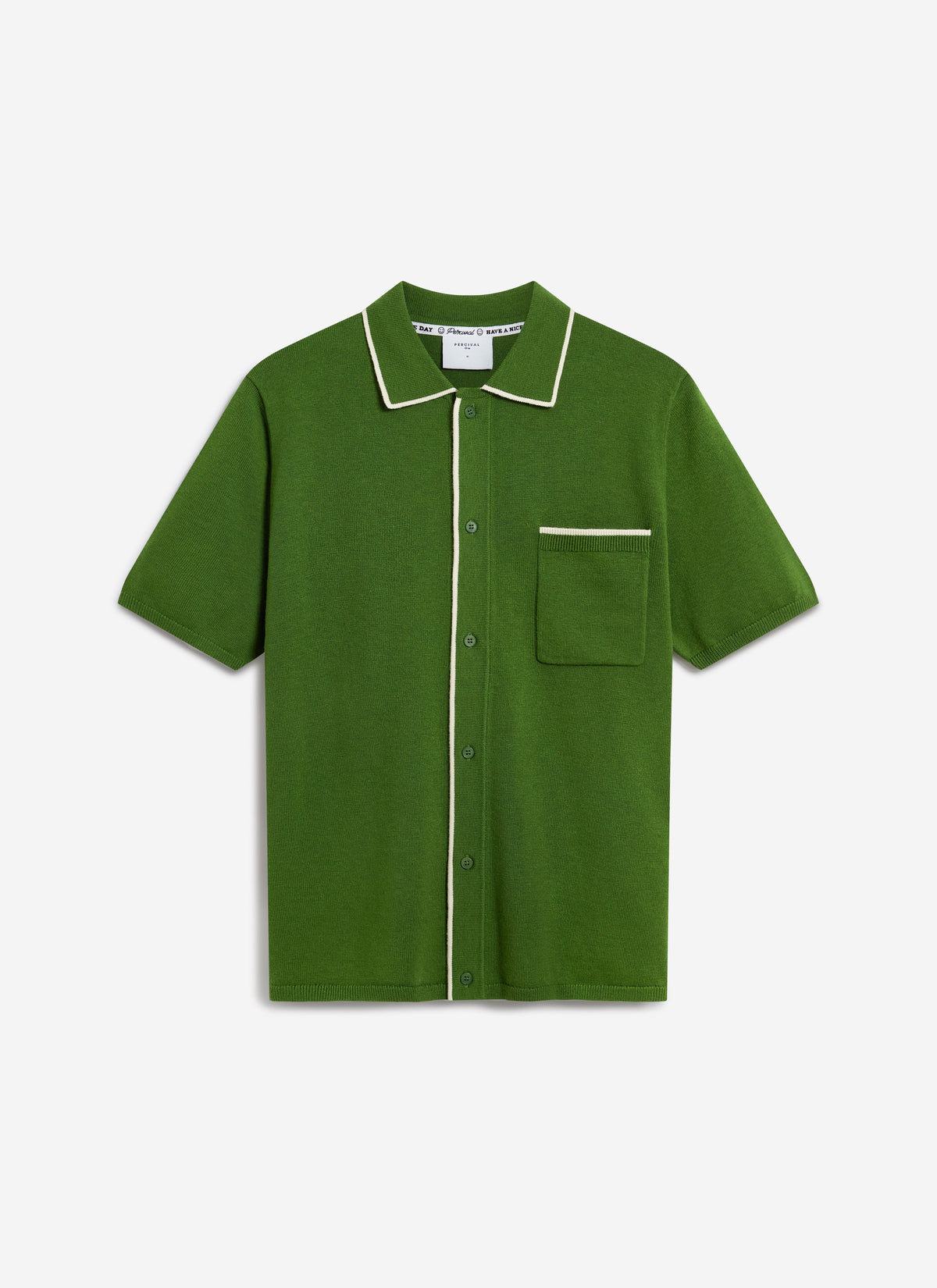 Men's Knitted Shirt: Contrast Trim - Wool - Forest Green