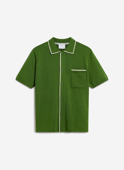 Men's Knitted Shirt: Contrast Trim - Wool - Forest Green