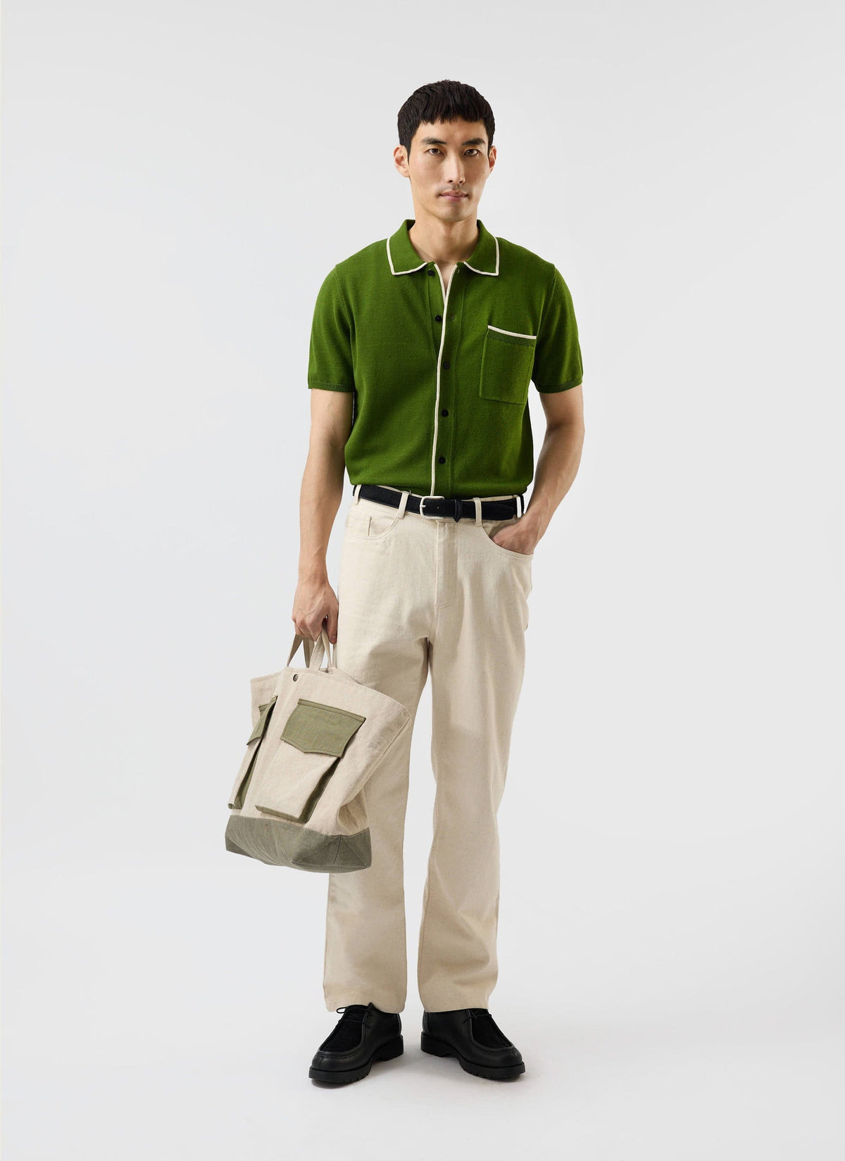 Men's Knitted Shirt: Contrast Trim - Wool - Forest Green