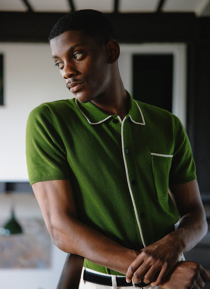 Men's Knitted Shirt: Contrast Trim - Wool - Forest Green
