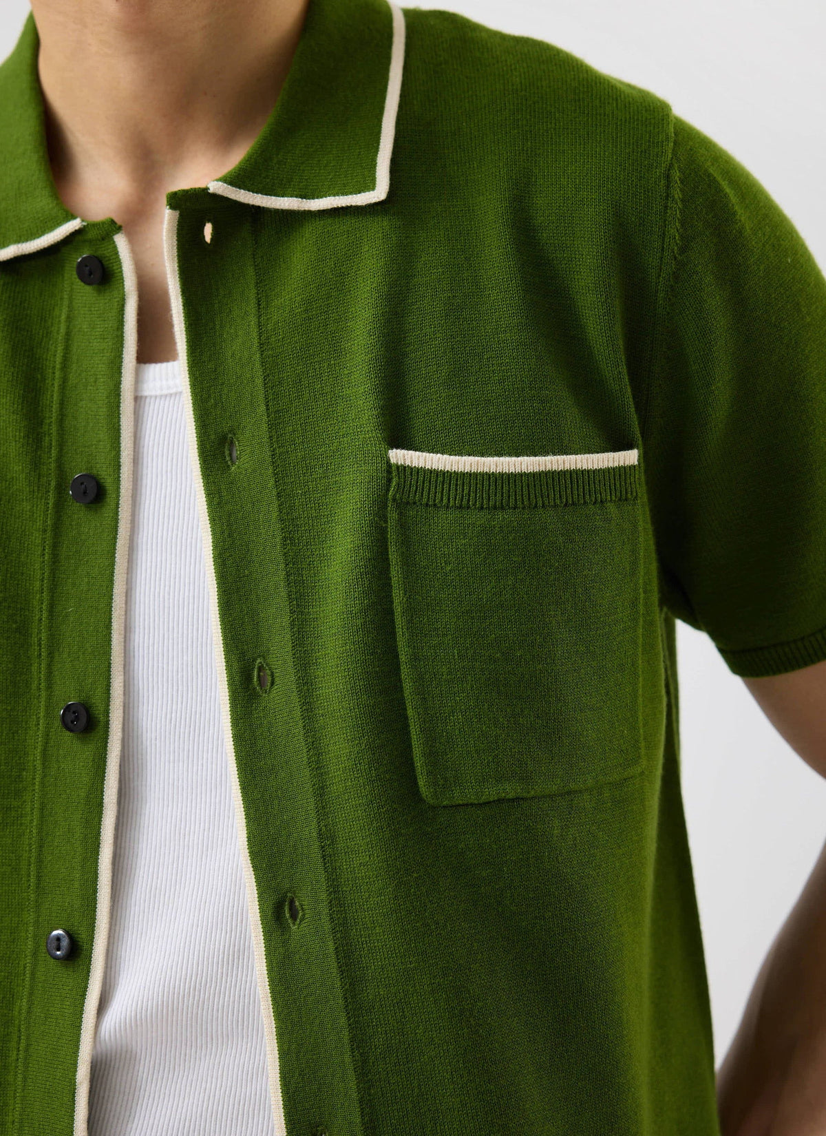 Men's Knitted Shirt: Contrast Trim - Wool - Forest Green