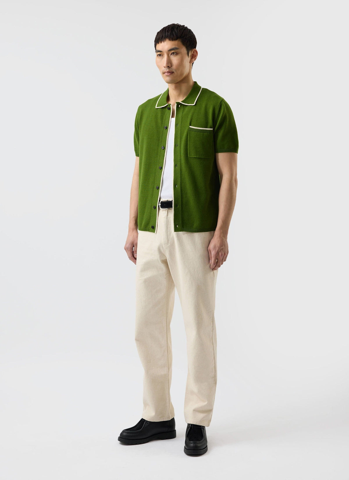Men's Knitted Shirt: Contrast Trim - Wool - Forest Green