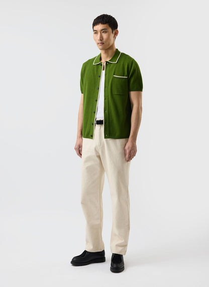 Men's Knitted Shirt: Contrast Trim - Wool - Forest Green