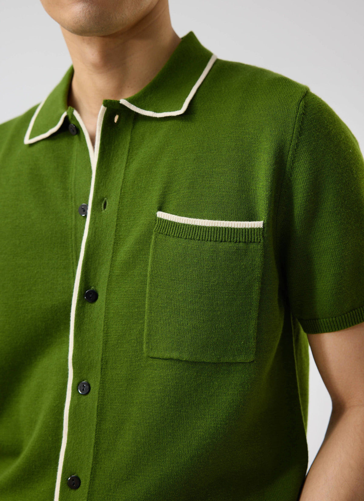 Men's Knitted Shirt: Contrast Trim - Wool - Forest Green