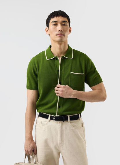 Men's Knitted Shirt: Contrast Trim - Wool - Forest Green