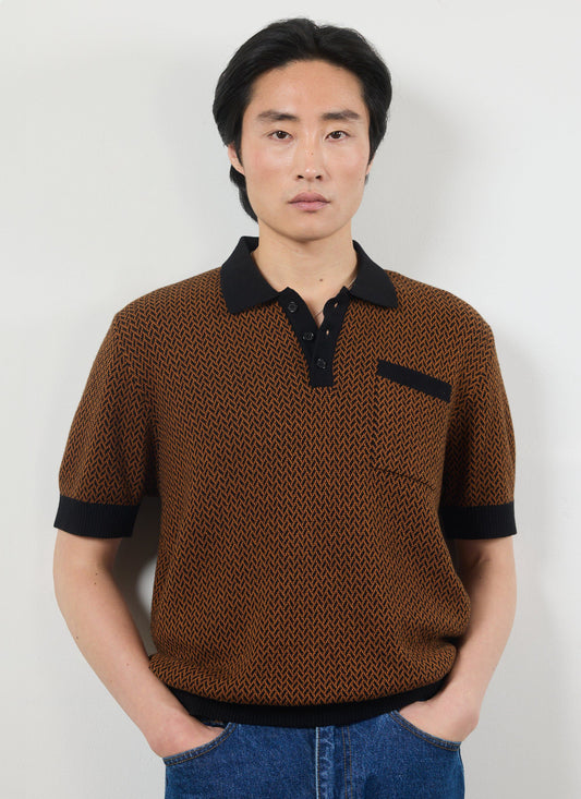 Men's Knitted Polo Shirt - Short Sleeve - Espresso Brown