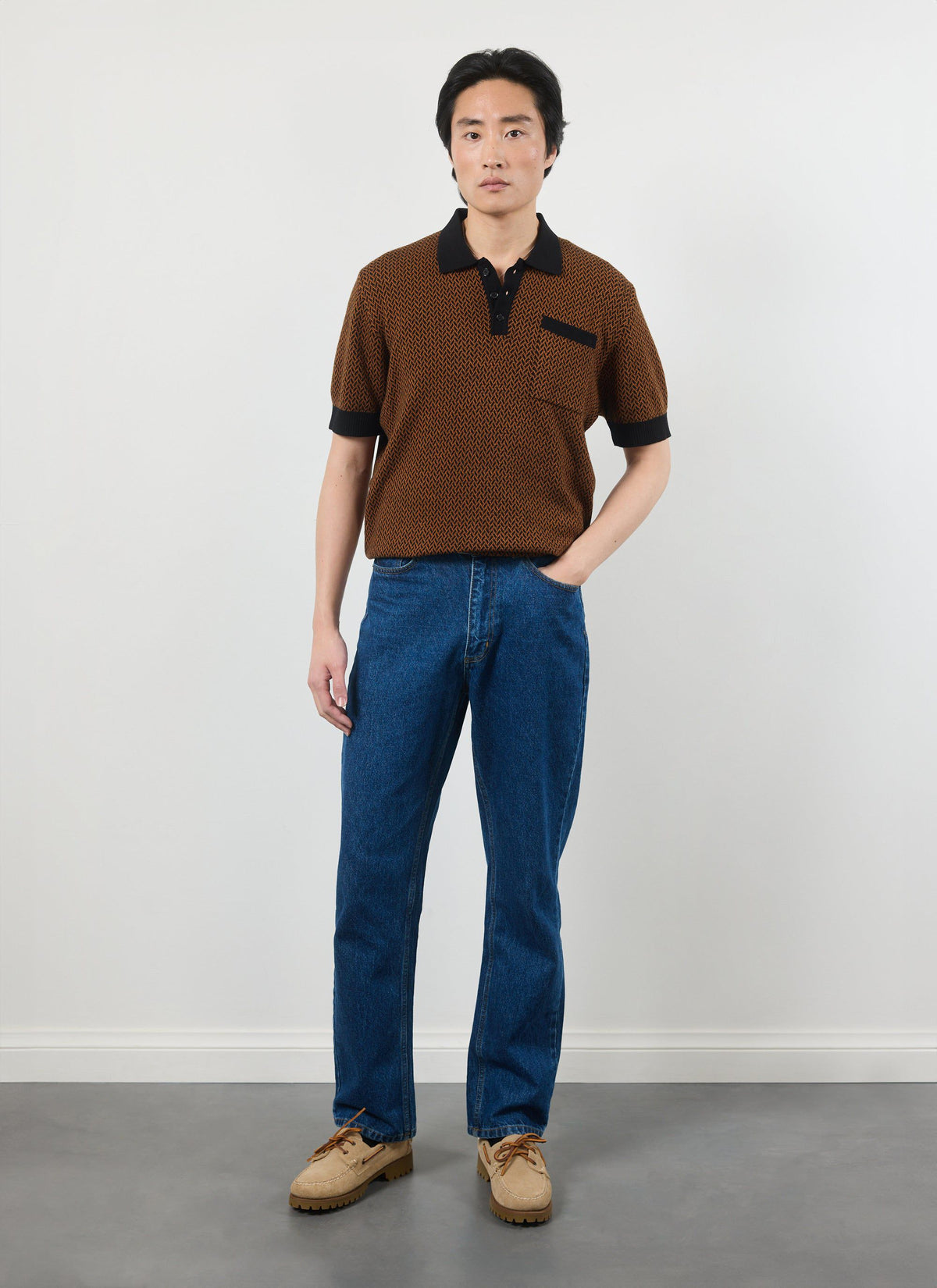 Men's Knitted Polo Shirt - Short Sleeve - Espresso Brown