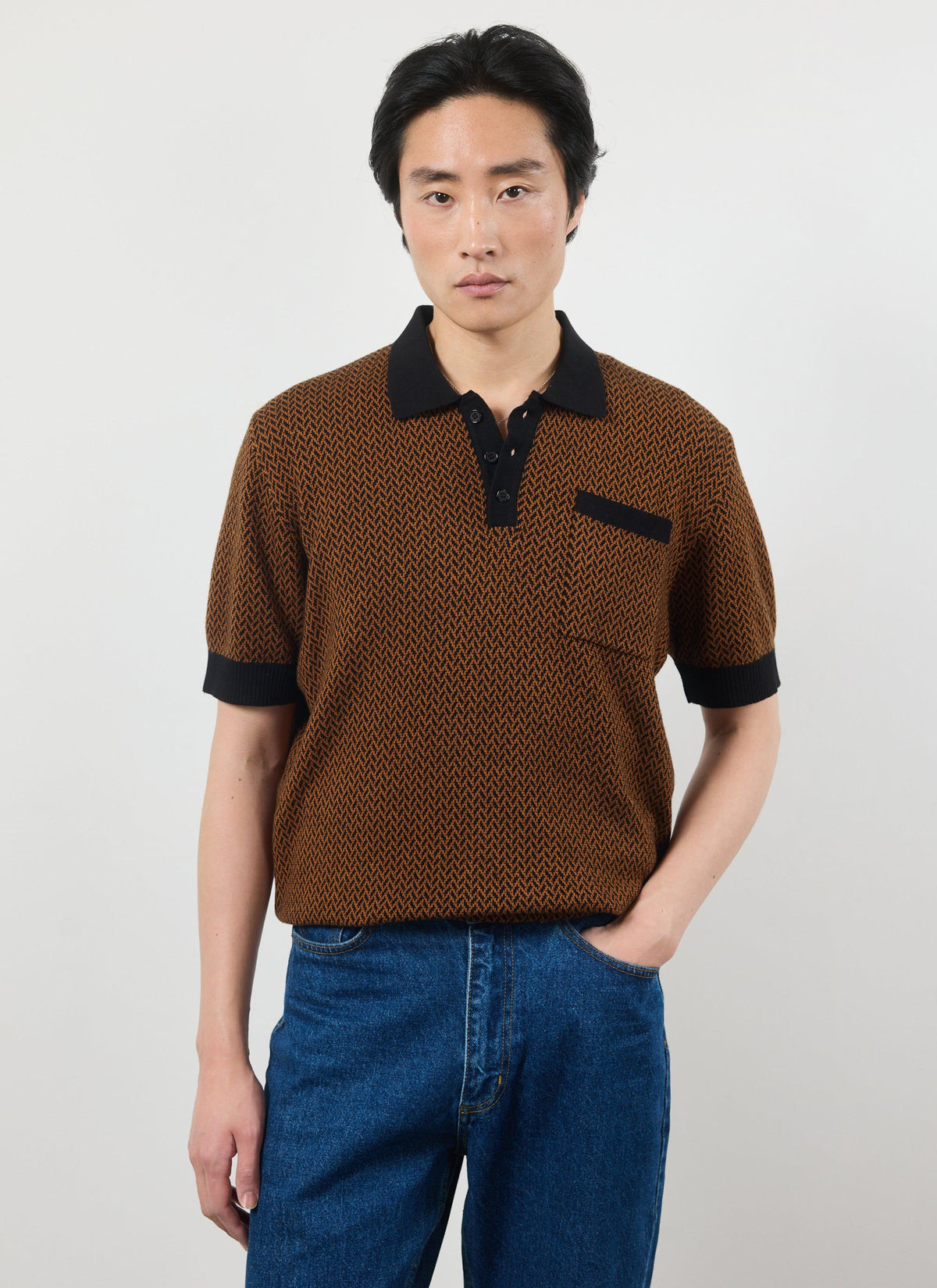 Men's Knitted Polo Shirt - Short Sleeve - Espresso Brown