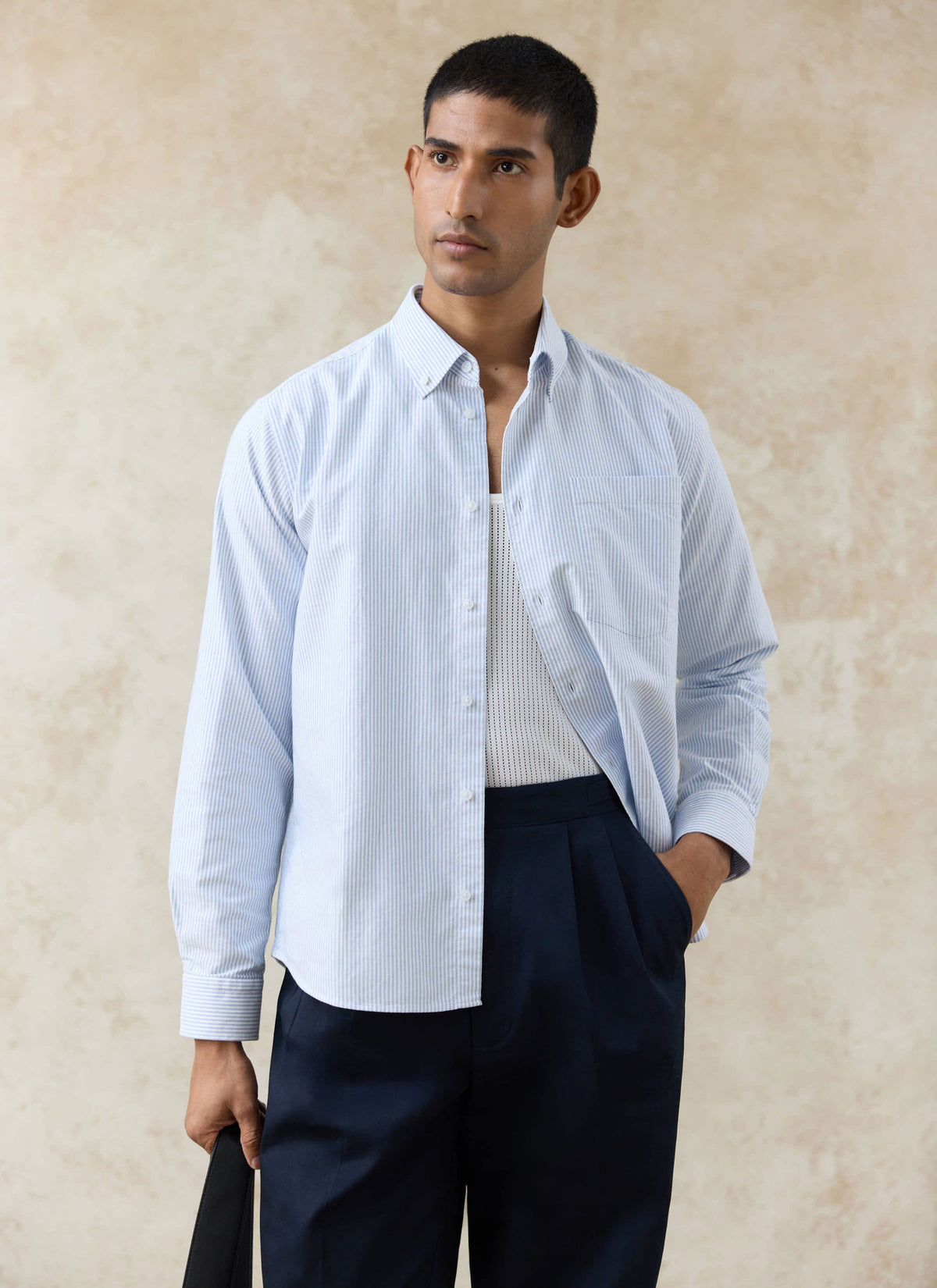 Men's Long Sleeve Oxford Shirt - Cotton - Blue Stripe