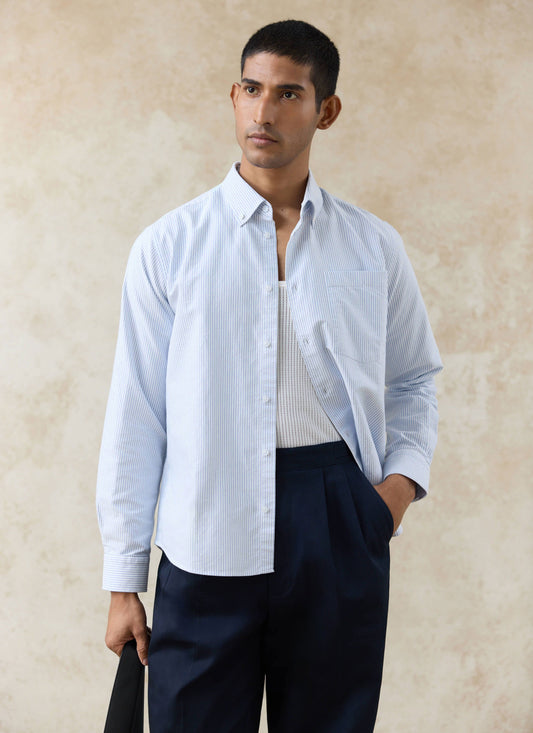 Men's Long Sleeve Oxford Shirt - Cotton - Blue Stripe