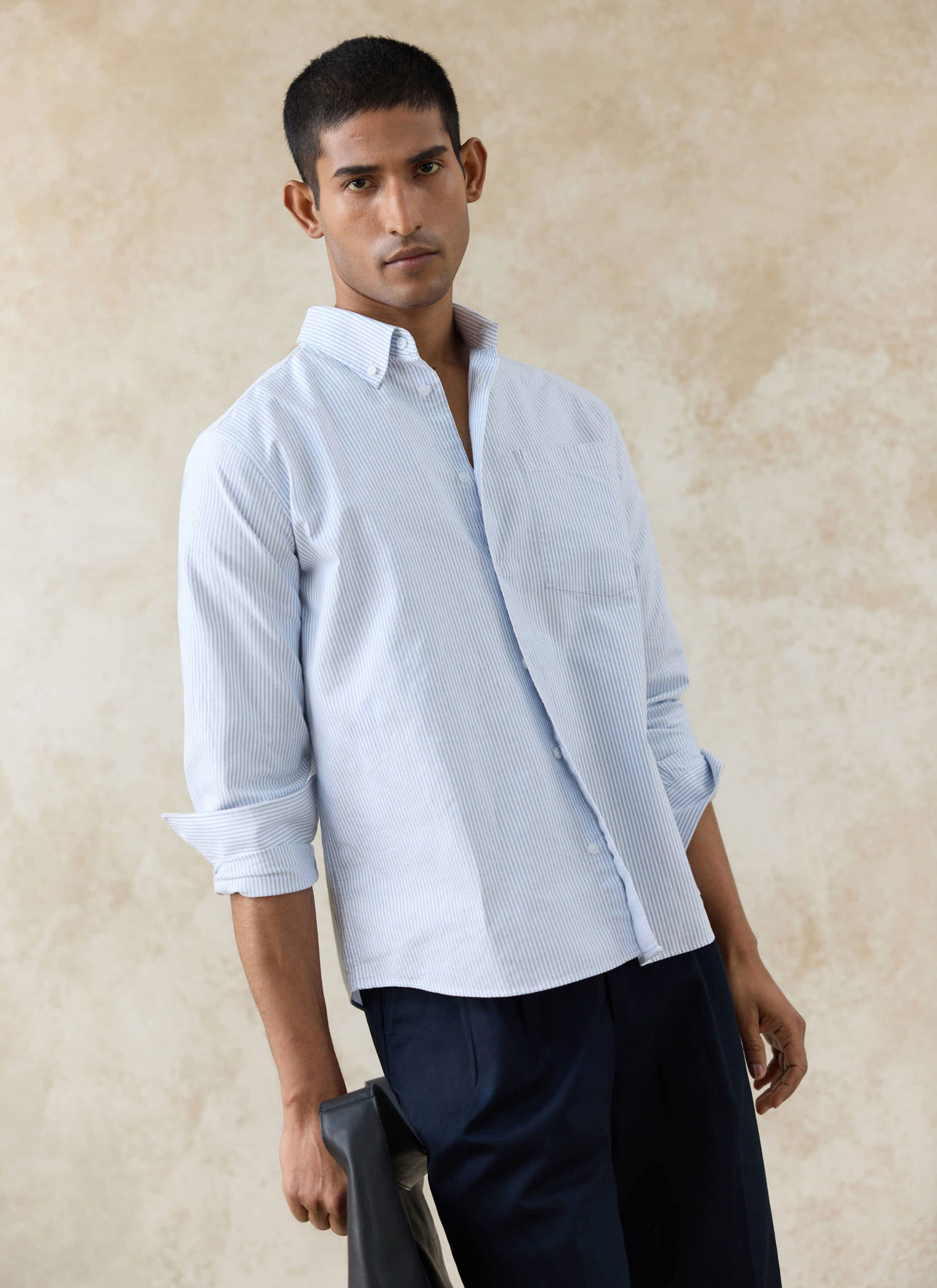 Men's Long Sleeve Oxford Shirt - Cotton - Blue Stripe