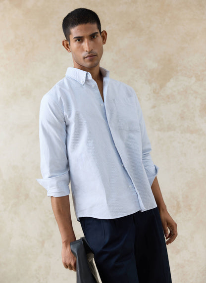 Men's Long Sleeve Oxford Shirt - Cotton - Blue Stripe