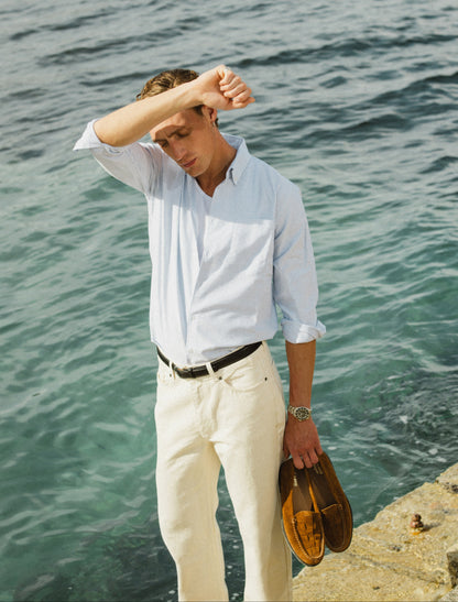Men's Long Sleeve Oxford Shirt - Cotton - Blue Stripe
