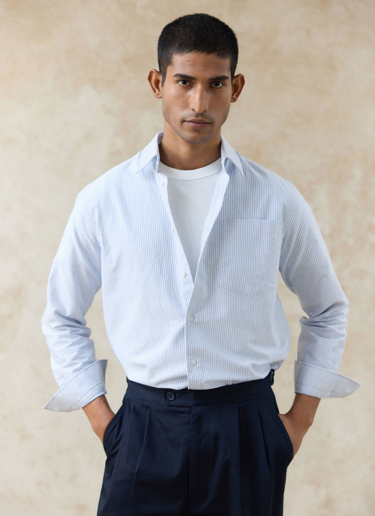 Men's Long Sleeve Oxford Shirt - Cotton - Blue Stripe