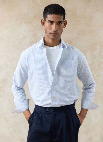 Men's Long Sleeve Oxford Shirt - Cotton - Blue Stripe