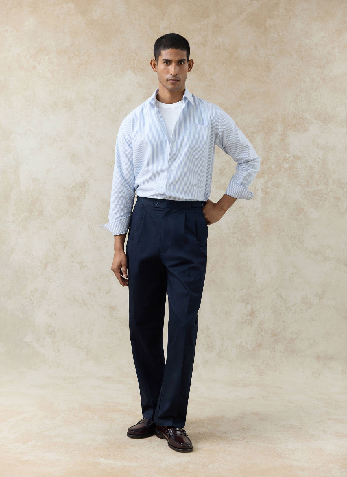 Men's Long Sleeve Oxford Shirt - Cotton - Blue Stripe