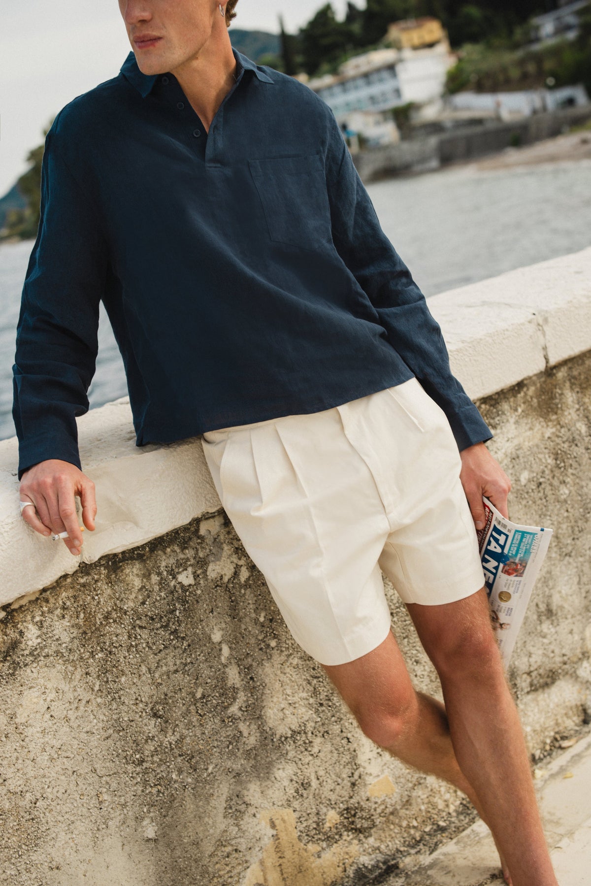 Men's Navy Popover Shirt - Alec - 100% Linen
