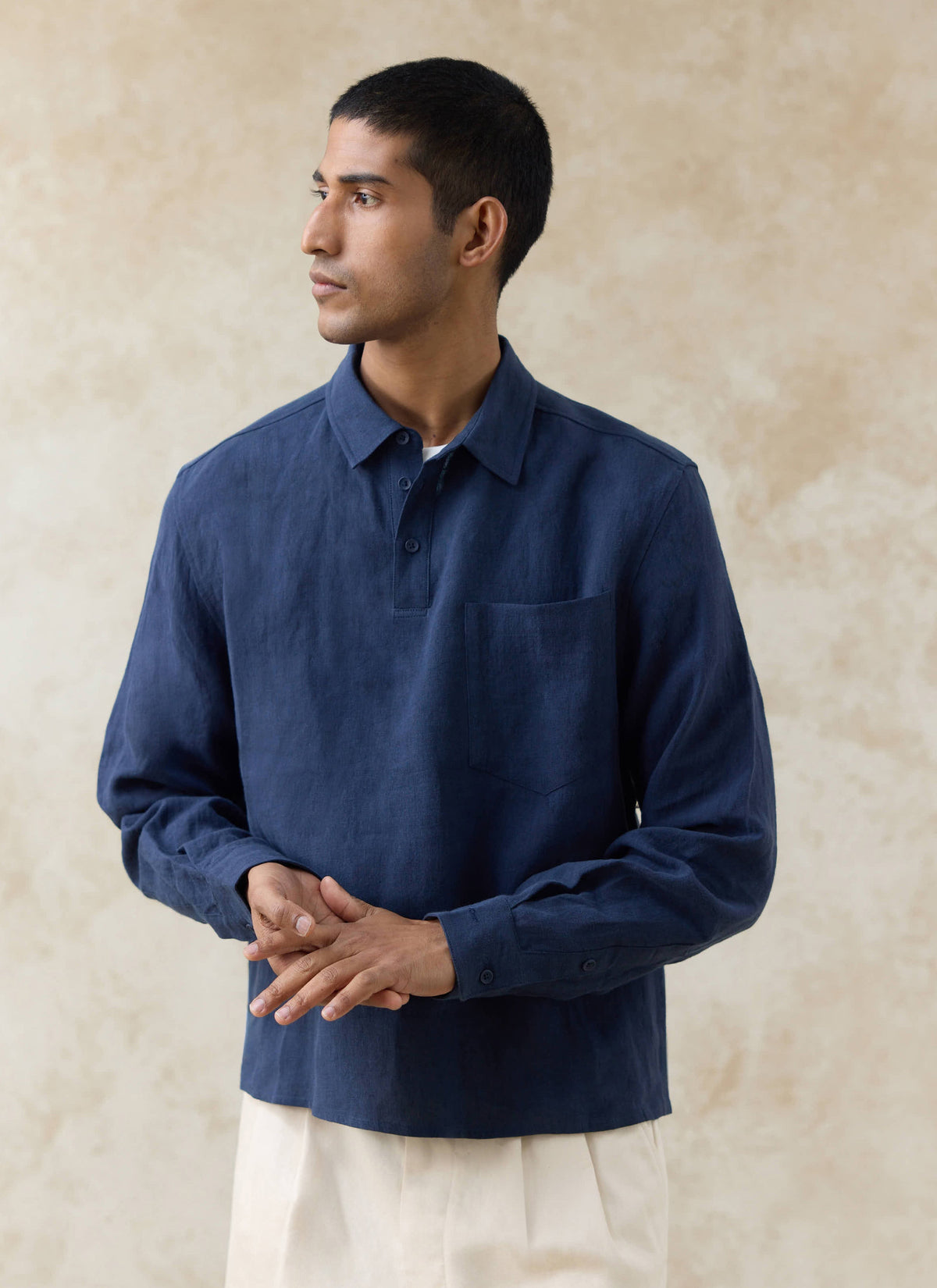 Men's Navy Popover Shirt - Alec - 100% Linen