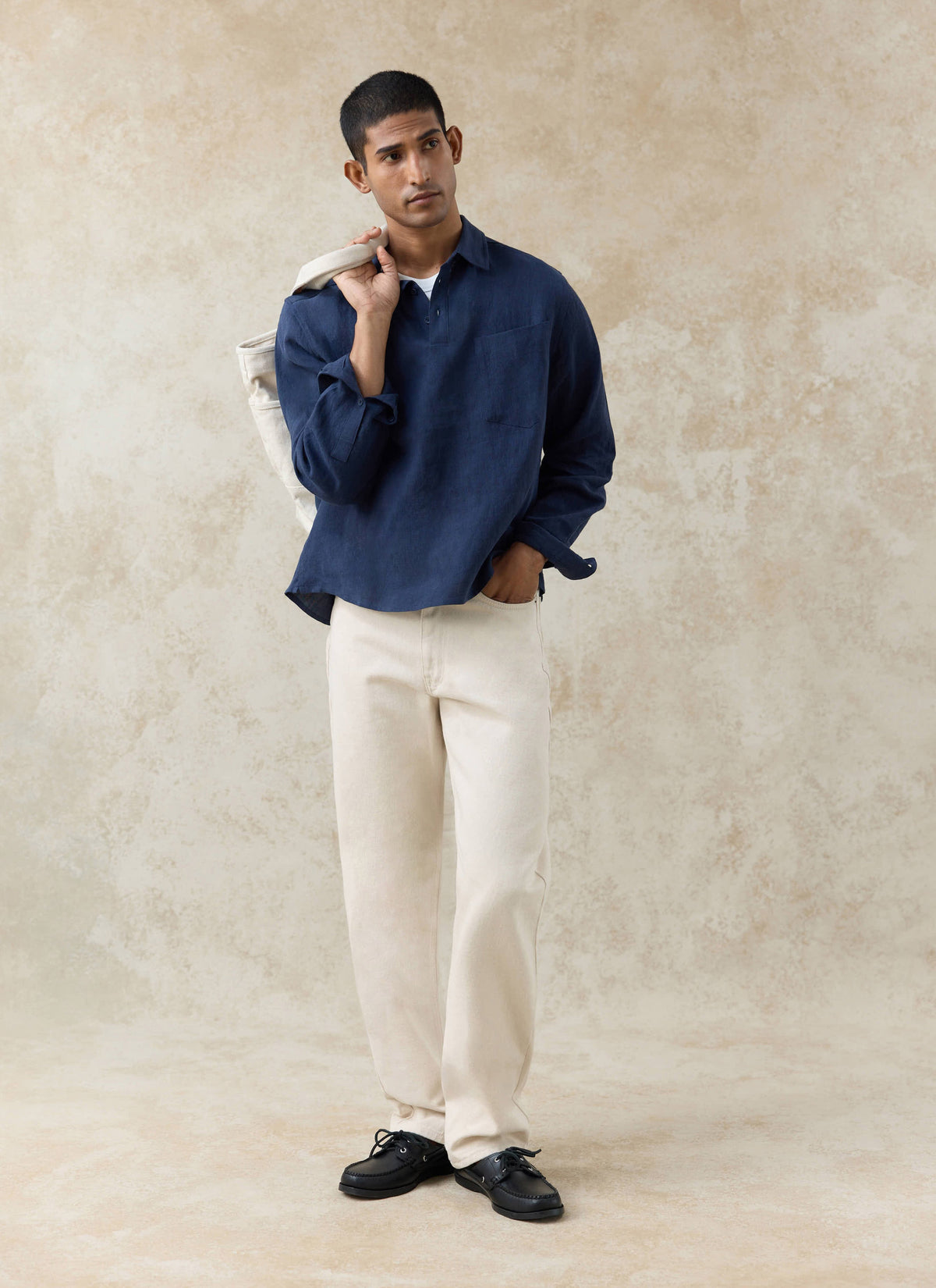 Men's Navy Popover Shirt - Alec - 100% Linen