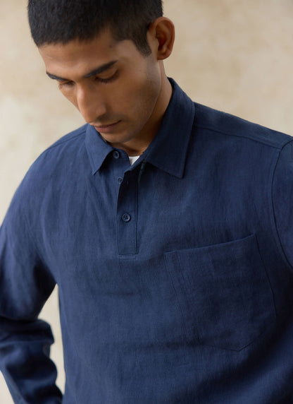 Men's Navy Popover Shirt - Alec - 100% Linen