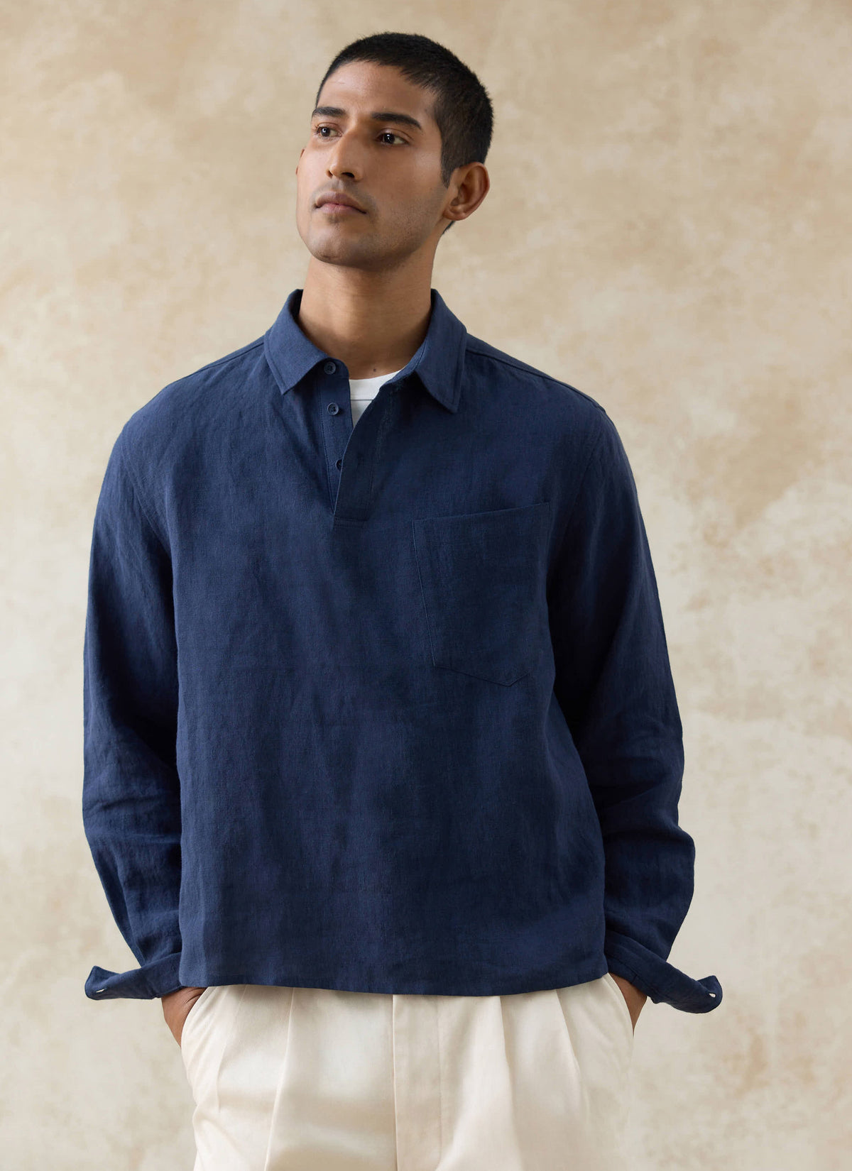 Men's Navy Popover Shirt - Alec - 100% Linen