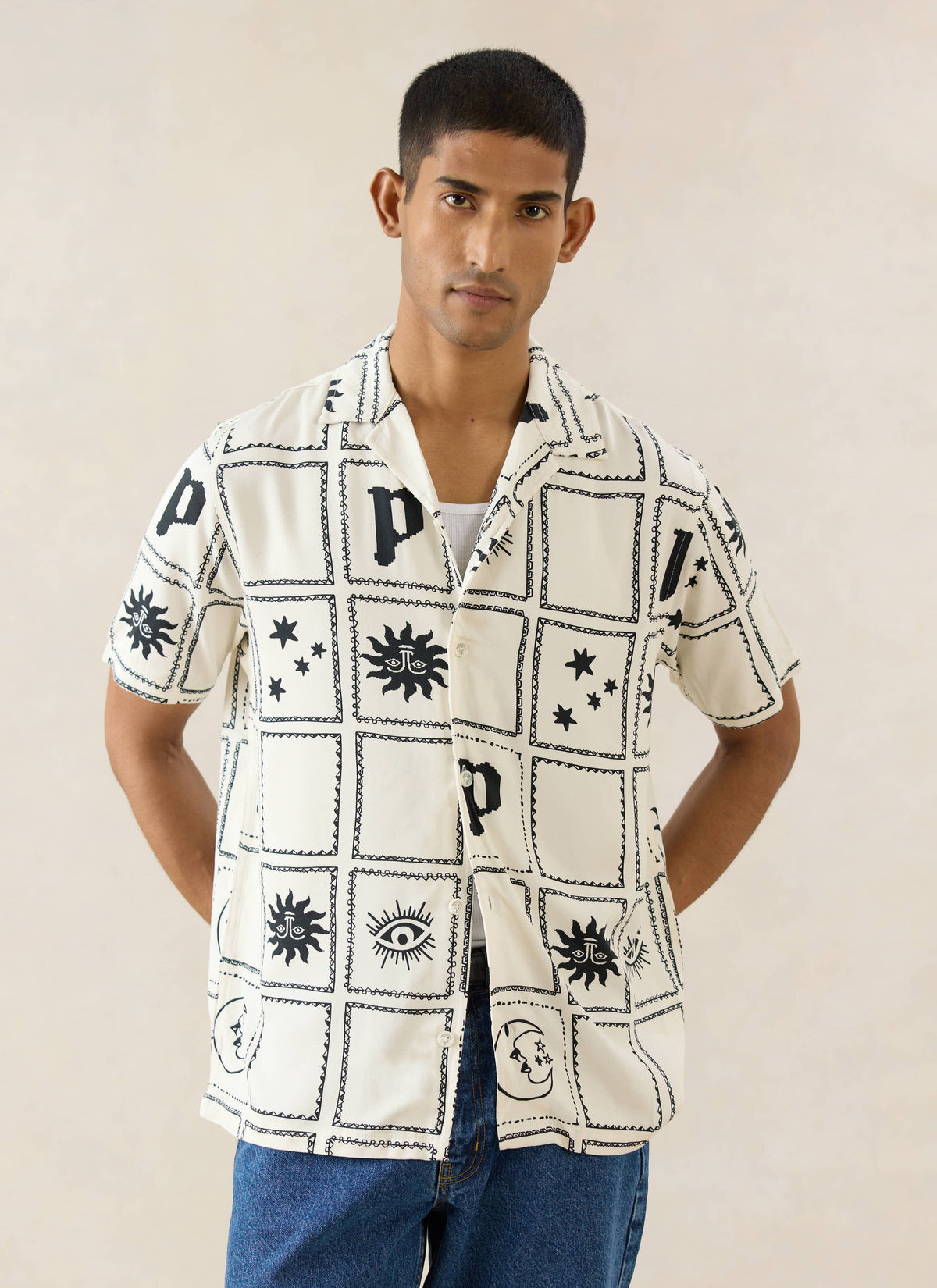 Men's Lunar Panel Cuban Shirt, Short Sleeve - Cream Viscose