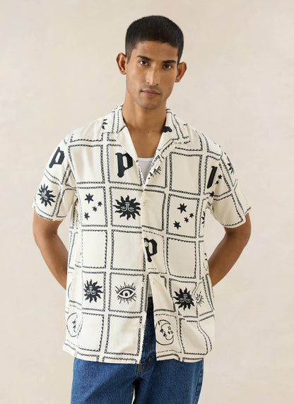 Men's Lunar Panel Cuban Shirt, Short Sleeve - Cream Viscose