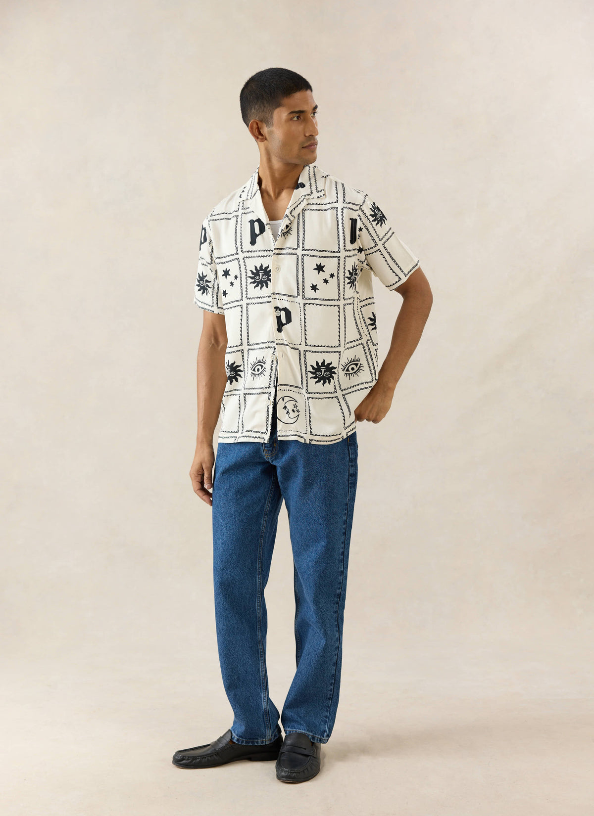 Men's Lunar Panel Cuban Shirt, Short Sleeve - Cream Viscose